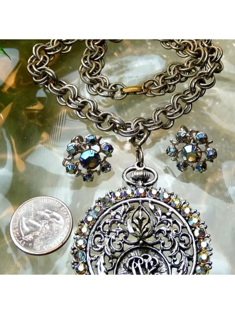 VTG JUDY LEE AB RHINESTONE POCKET WATCH DESIGN PENDANT NECKLACE EARRINGS LOT 20